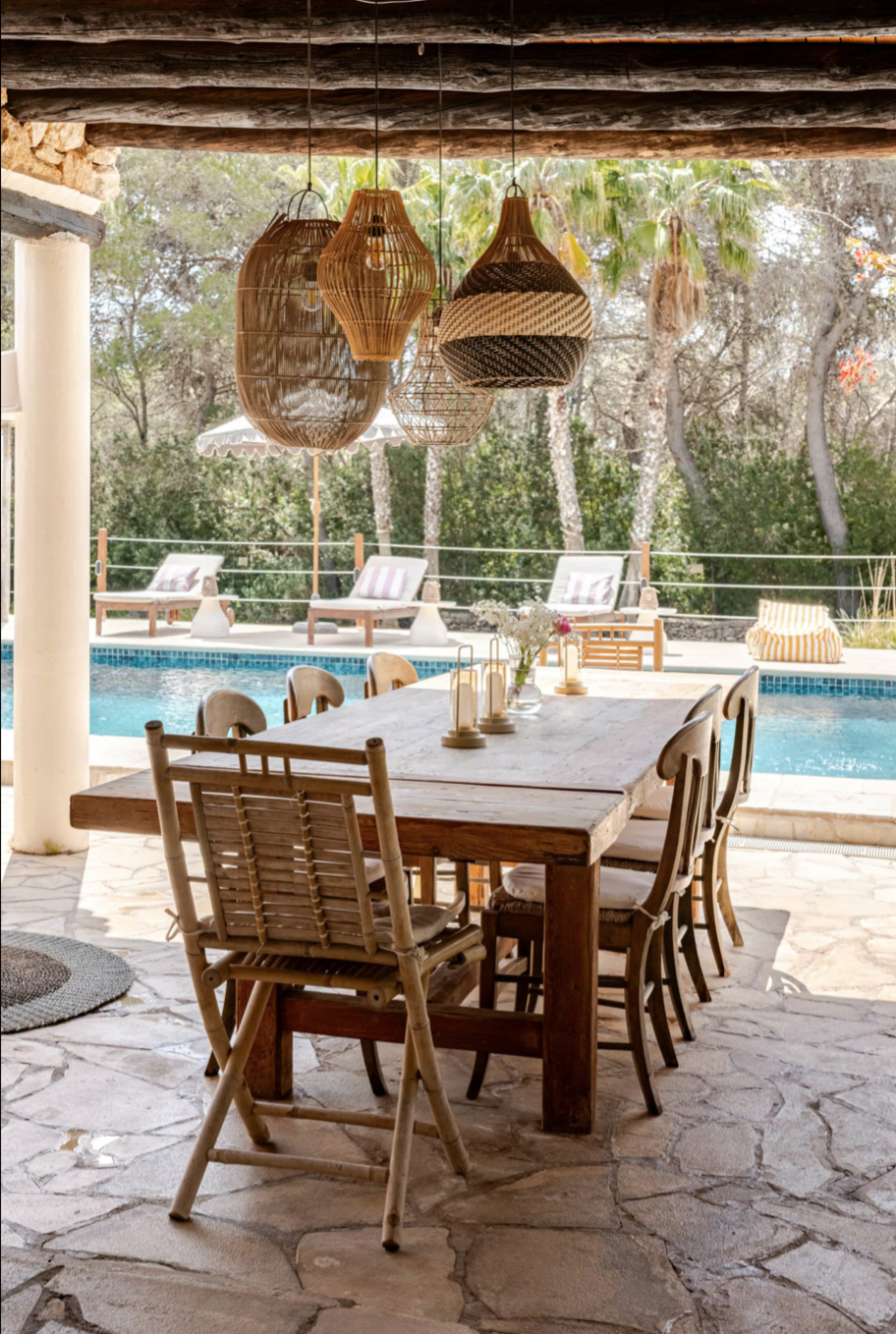 Covered dining table beside the pool