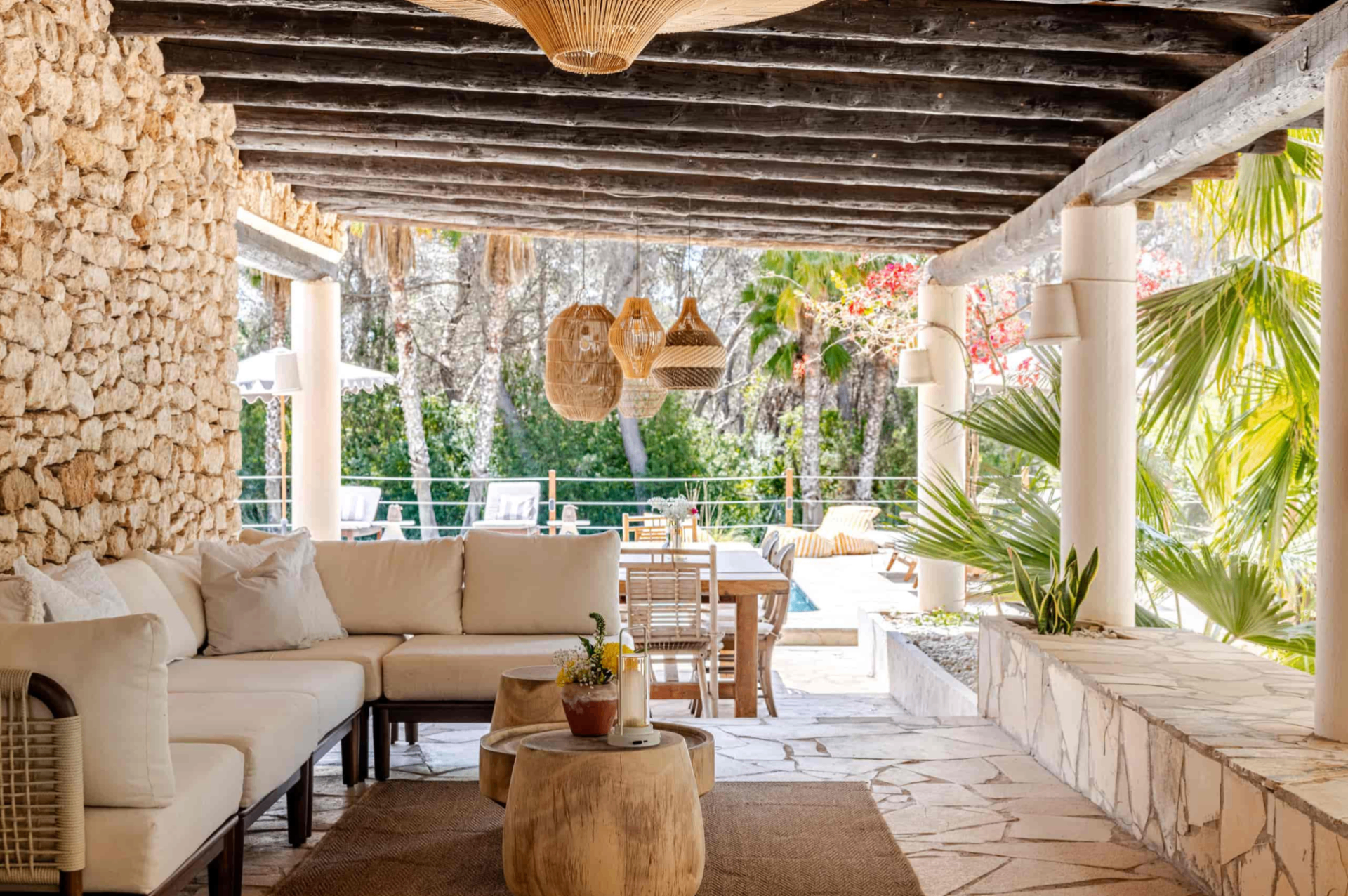 Covered lounge overlooking the pool