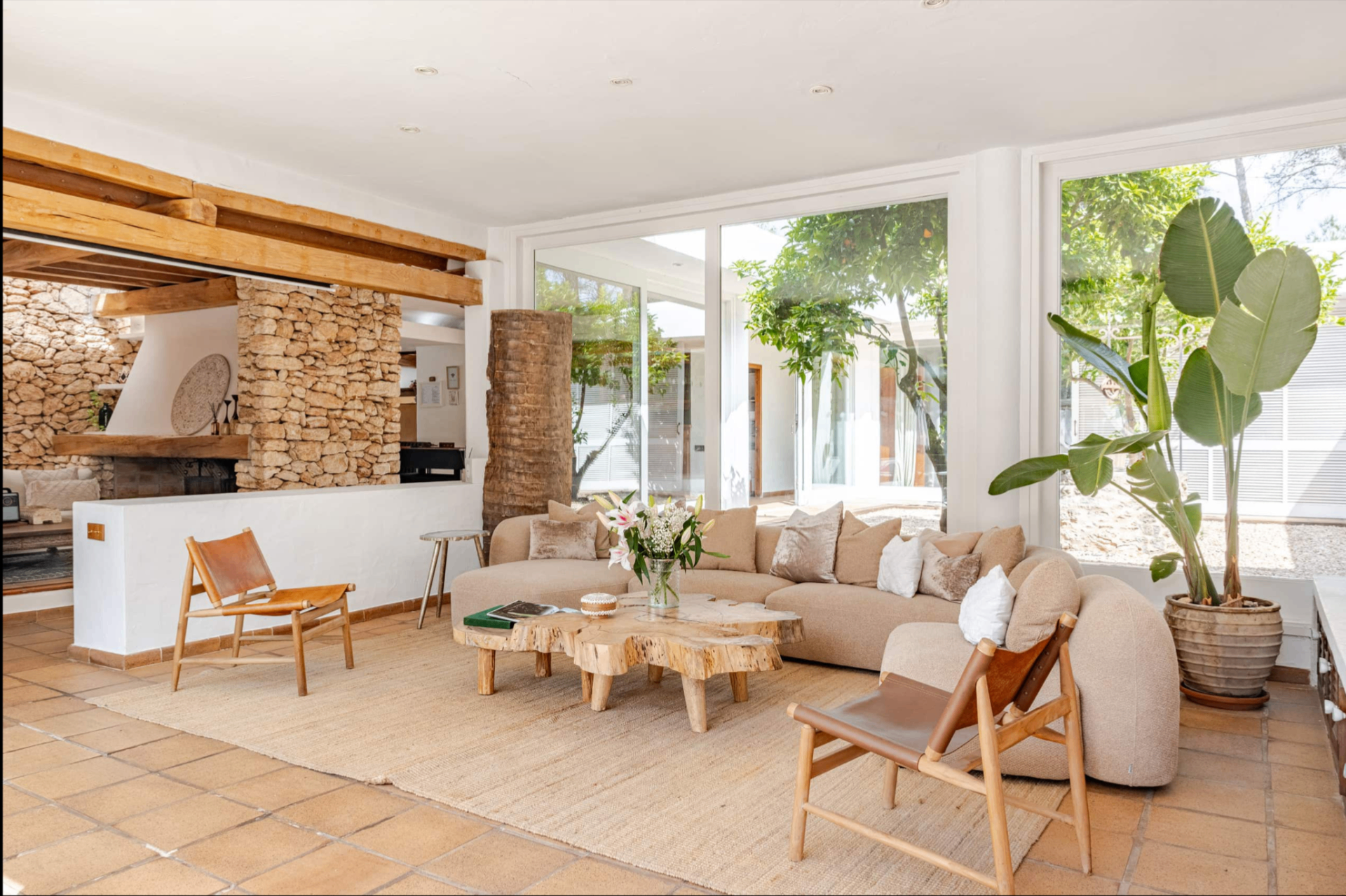 Bright living room with garden views